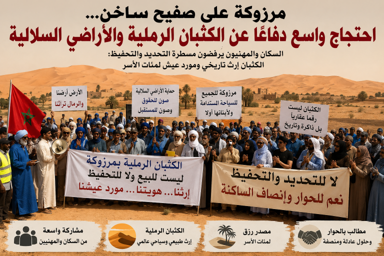 مرزوكة على صفيح ساخن… الكثبان الذهبية تتحول إلى ساحة احتجاج رفضًا لتحفيظ أراضٍ سلالية